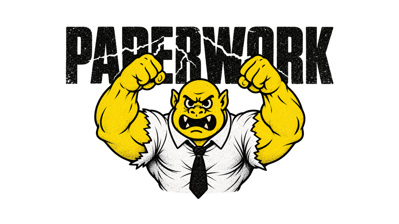 Paperwork logo: a yellow orc in a shirt and tie flexing beneath the word Paperwork